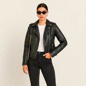 New Look Women SZ Medium Black Faux Leather Moto Jacket Full Side Zip Biker Coat